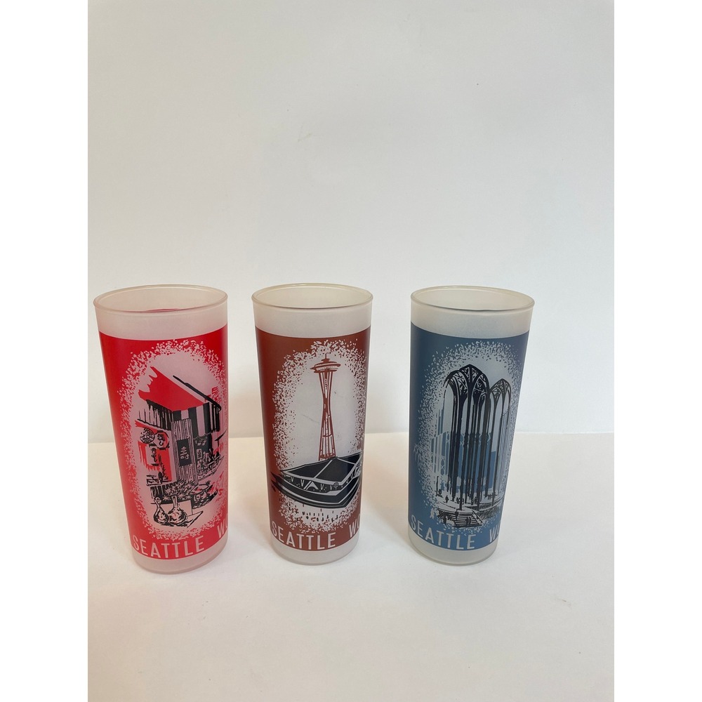 Vintage 1962 Seattle Worlds Fair Frosted Glass Tumblers Set of 3 Century 21 Expo
